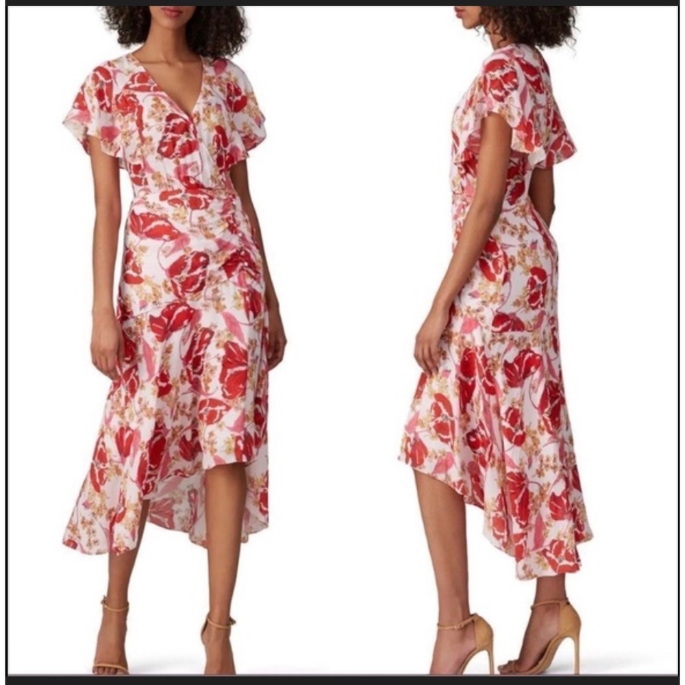 $448 Parker Vivi Silk Dress Size 6 Bold floral Print High Low 100% Silk Cottage